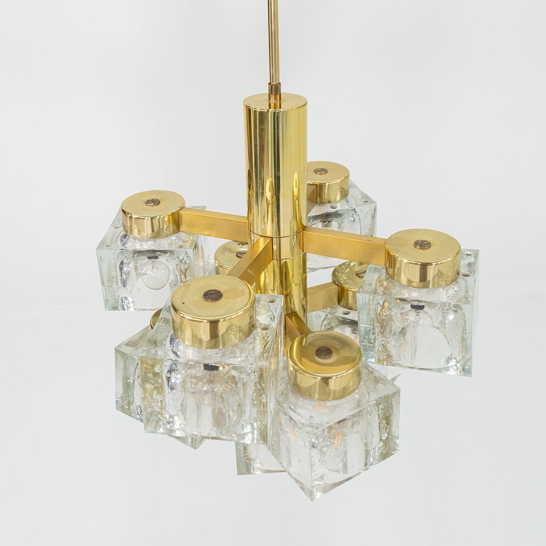 1970s Gaetano Sciolari for Lightolier Ice Cube Chandelier Glass & Brass 9 Bulbs
