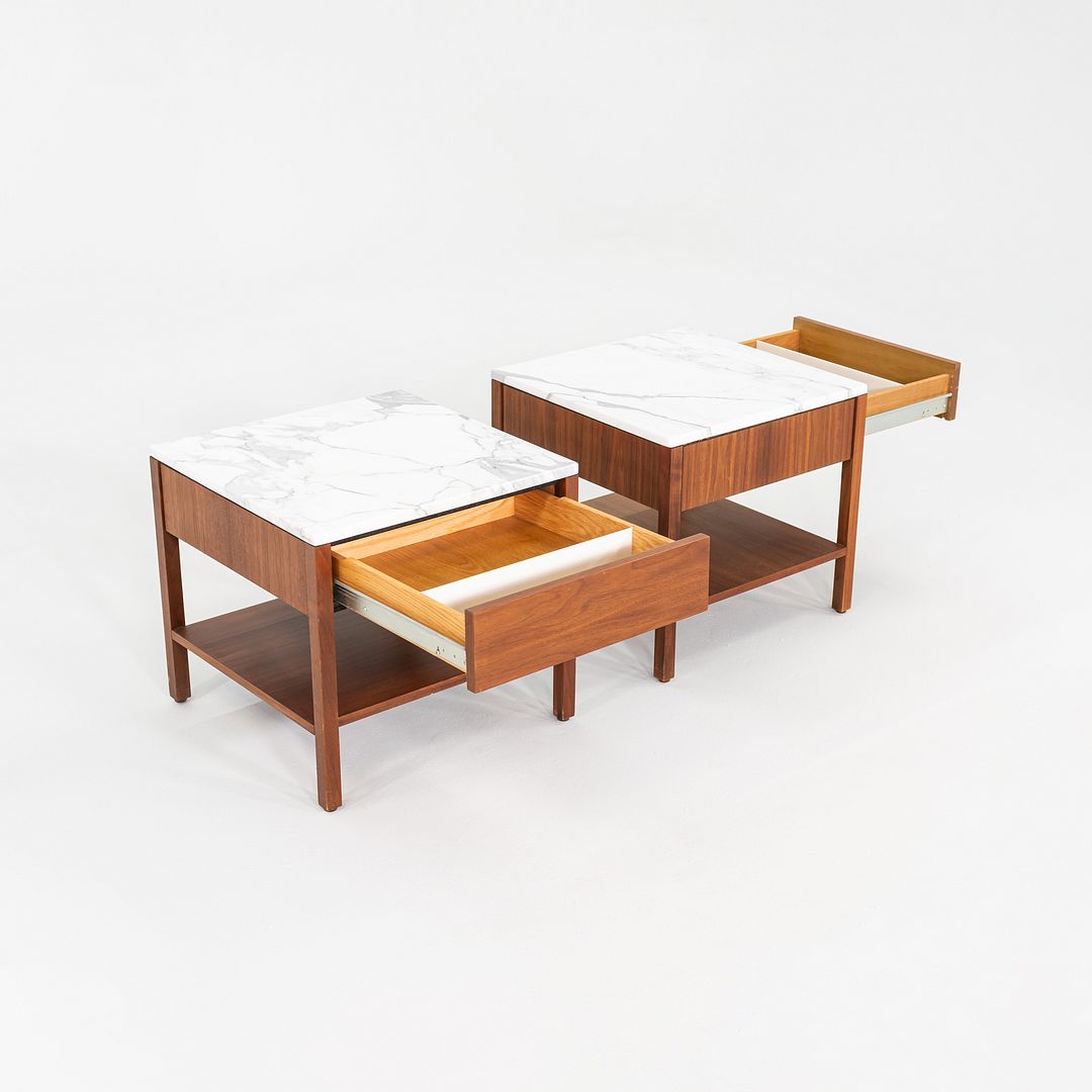 1960s Pair of Florence Knoll Bedside Tables / Nightstands in Walnut and Marble