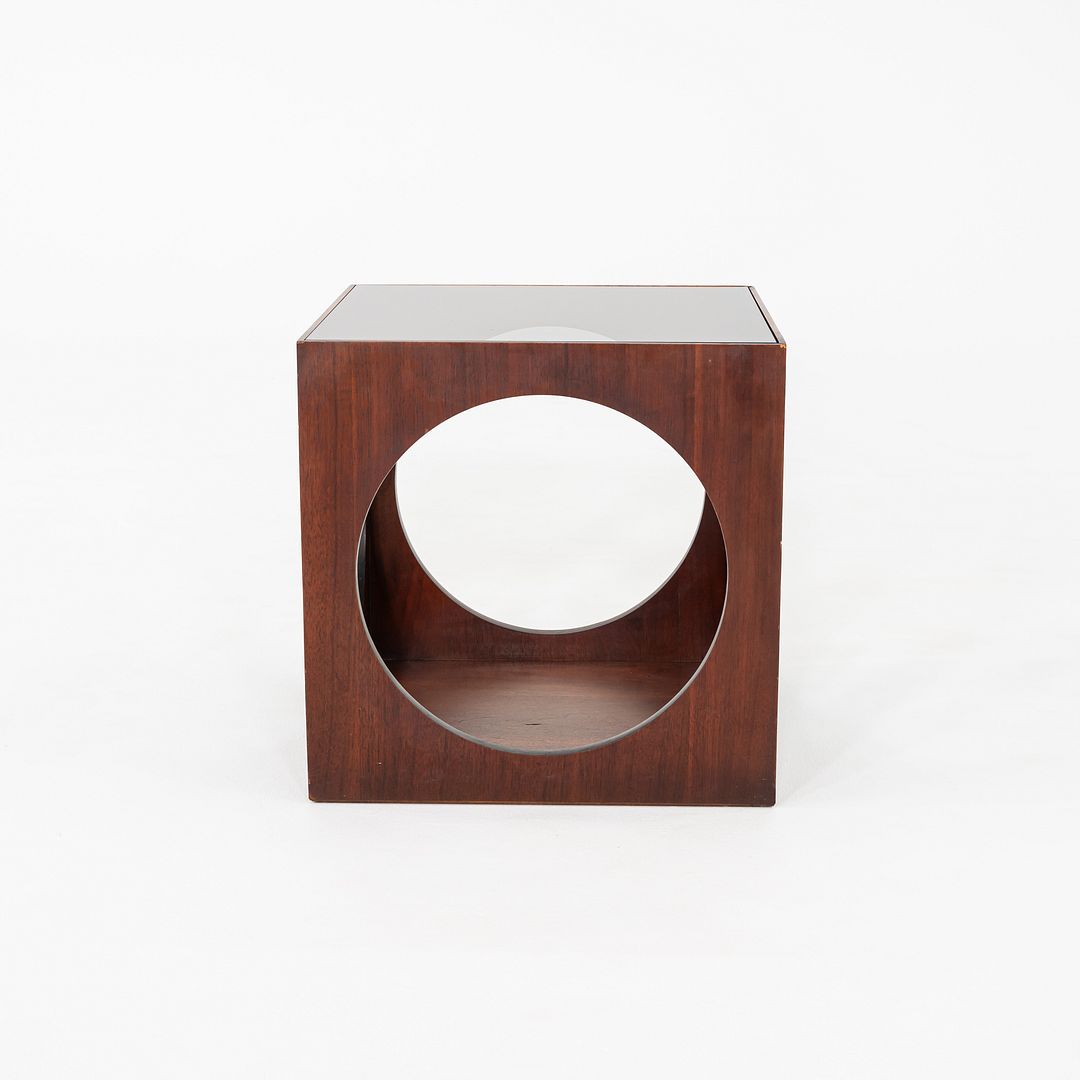 1969 Lane Walnut Cube End Table w/ Circle Motif & Smoked Glass Top Model 1121-95