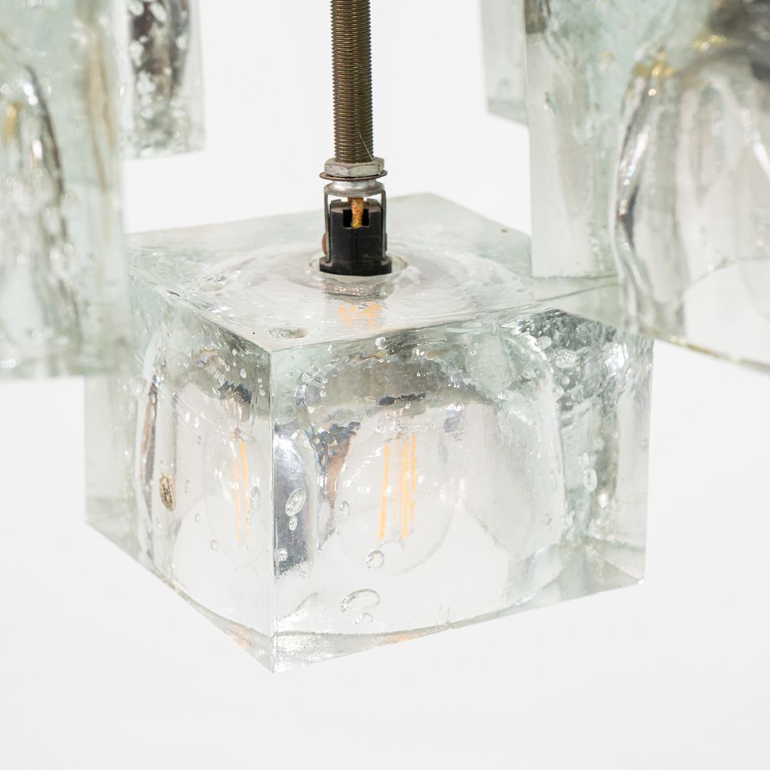 1970s Gaetano Sciolari for Lightolier Ice Cube Chandelier Glass & Brass 13 Bulbs