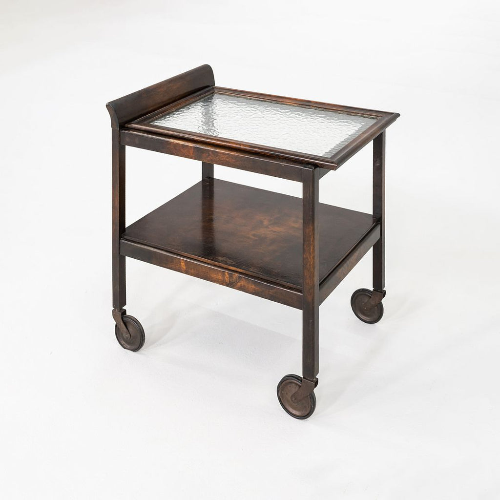 1920s Antique Art Deco Birch Bar Cart w/ Wave Glass Top & Lower Shelf on Wheels