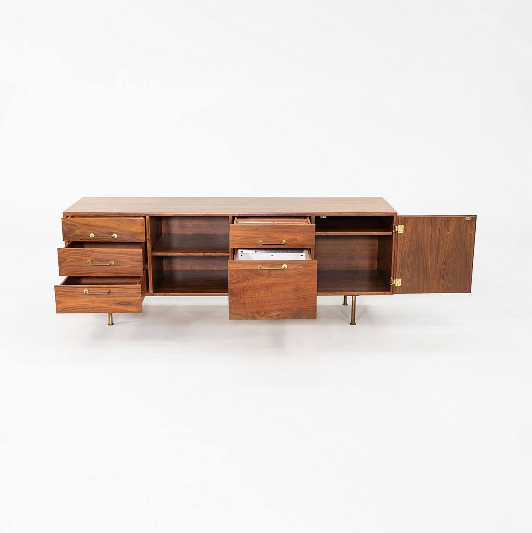 1970s Jens Risom Design 72 inch Credenza / Cabinet in Walnut and Brass