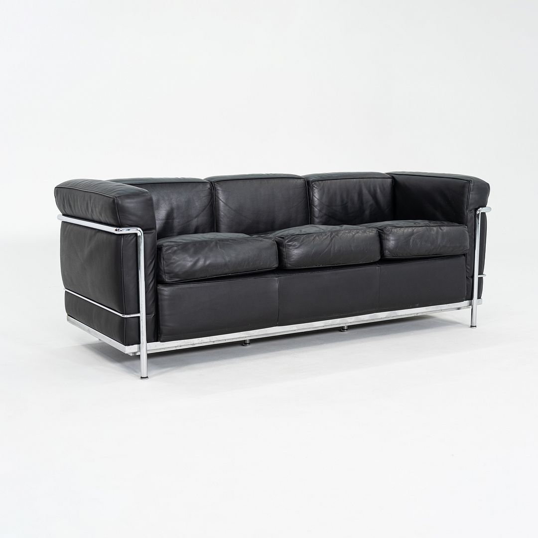 2000s Le Corbusier, Jeanneret and Perriand for Cassina LC2 3-Seat Sofa in Black Leather