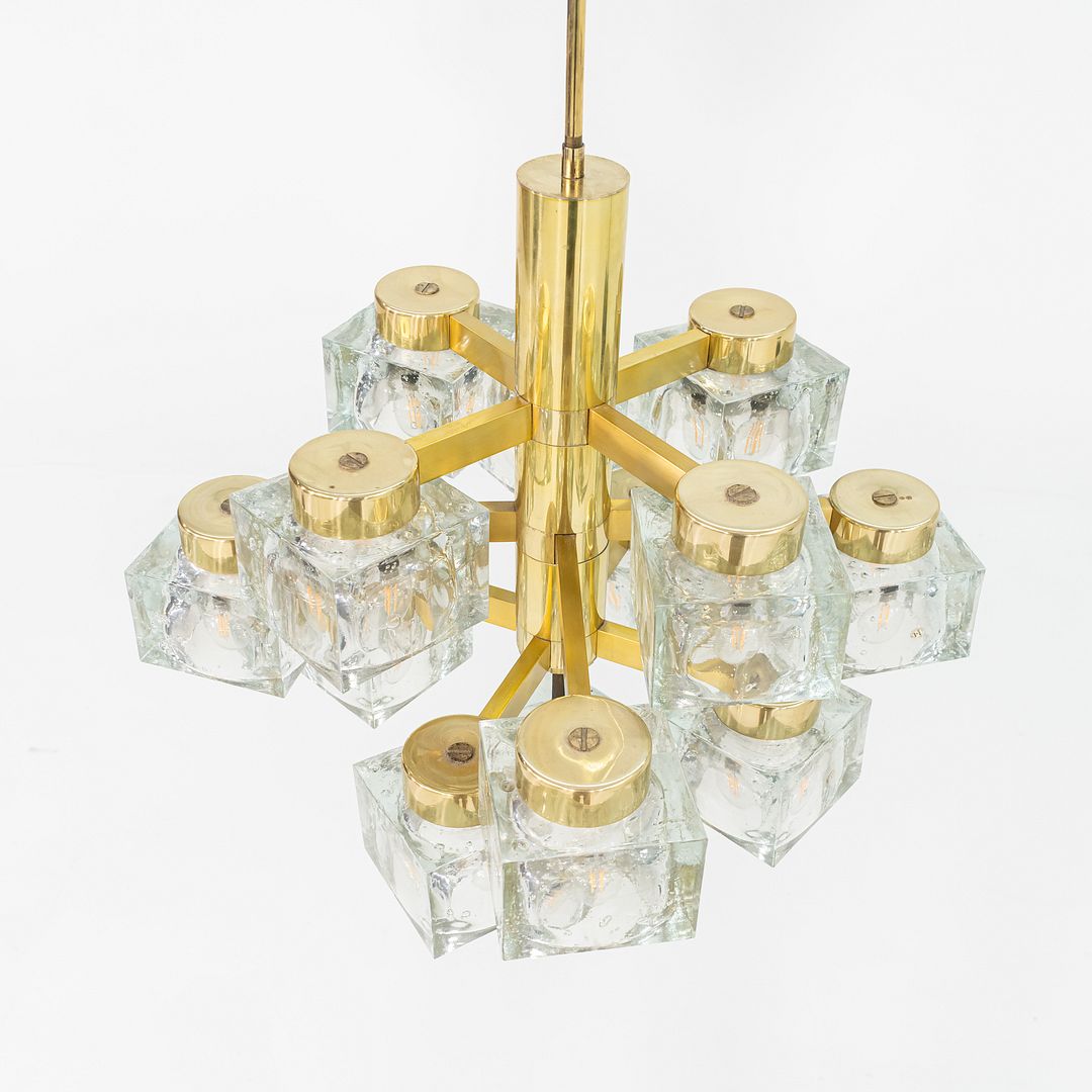 1970s Gaetano Sciolari for Lightolier Ice Cube Chandelier Glass & Brass 13 Bulbs