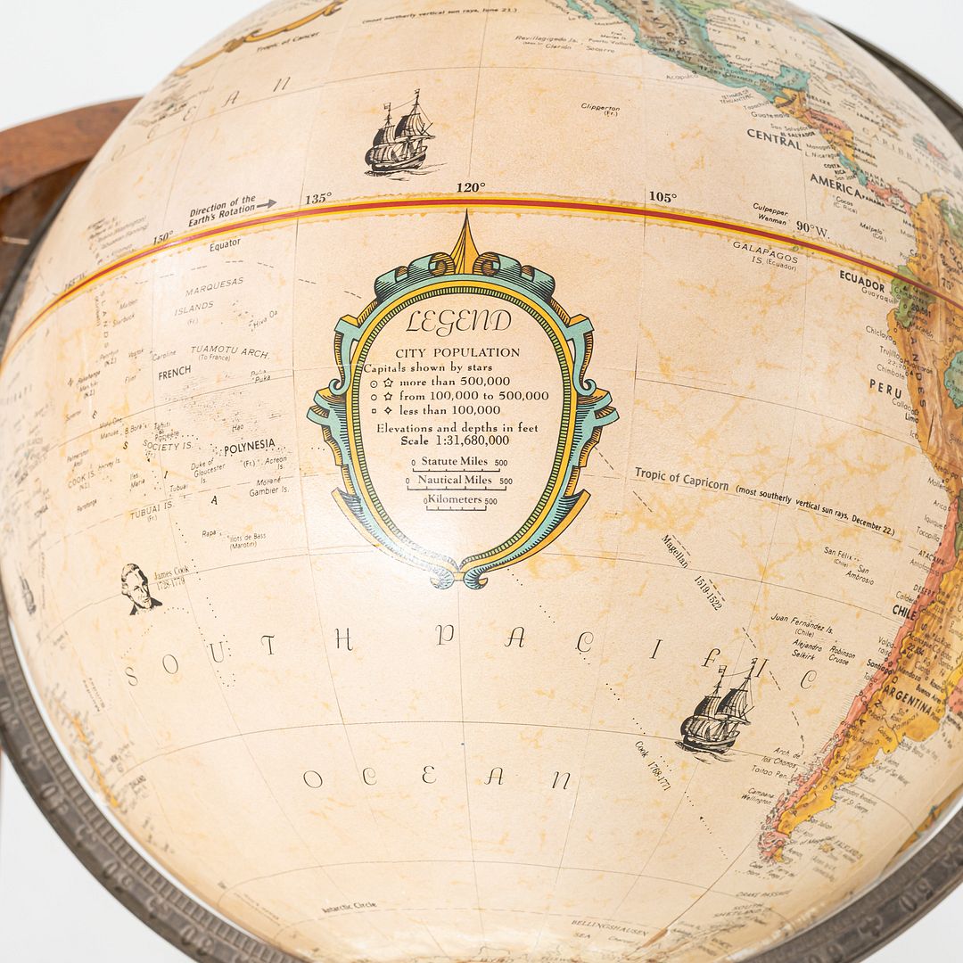 SOLD 1940s Replogle Globe Mounted on Classic Wooden Demilune Stand with Curved Base