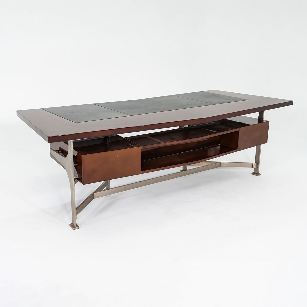 1960s Jules Leleu for Maison Leleu Executive Desk in Lacquered Wood & Stainless