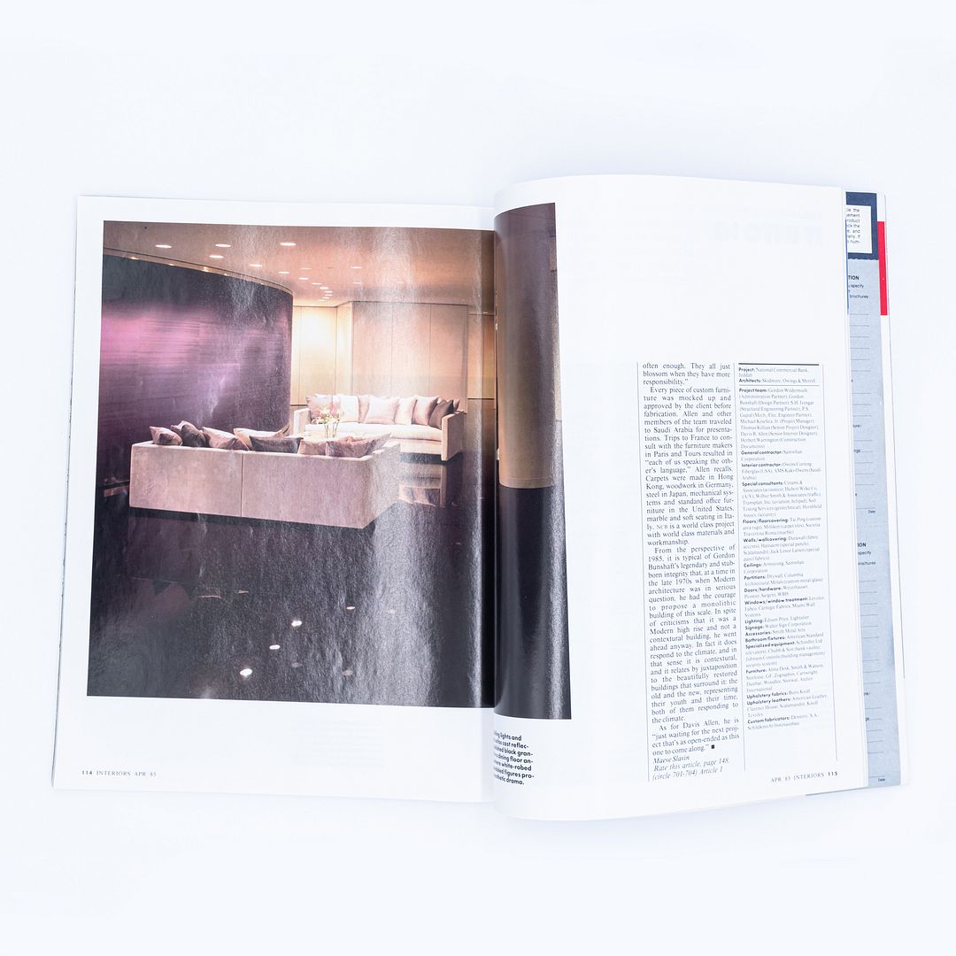 April 1985 Interiors Magazine from Gordon Bunshaft's Personal Library Collection