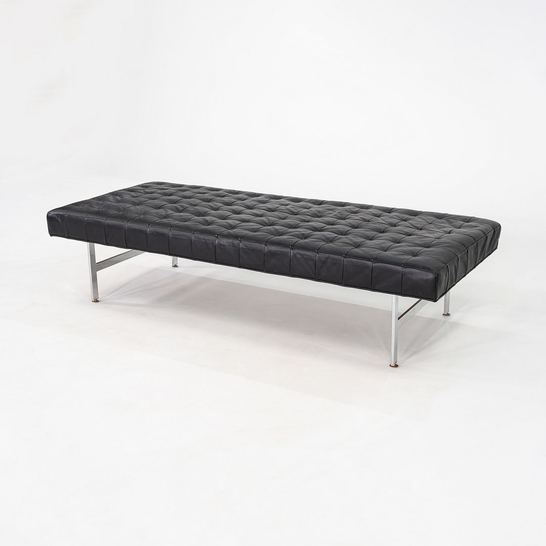 1960s Black Leather and Steel Modernist Museum Bench / Daybed 73 x 31 Inches