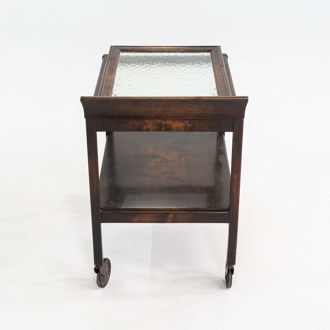 1920s Antique Art Deco Birch Bar Cart w/ Wave Glass Top & Lower Shelf on Wheels