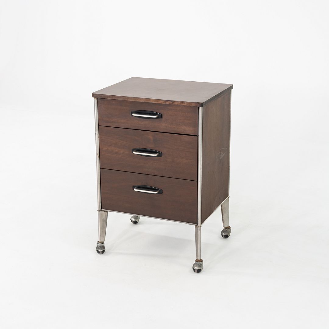 1950s Raymond Loewy for Hill Rom Rolling 3-Drawer Cabinet / Nightstand in Walnut