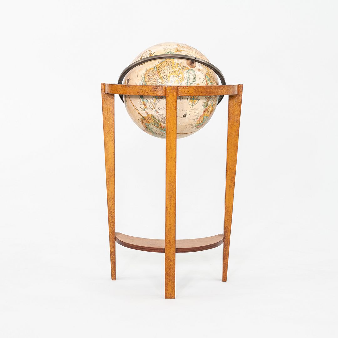 SOLD 1940s Replogle Globe Mounted on Classic Wooden Demilune Stand with Curved Base