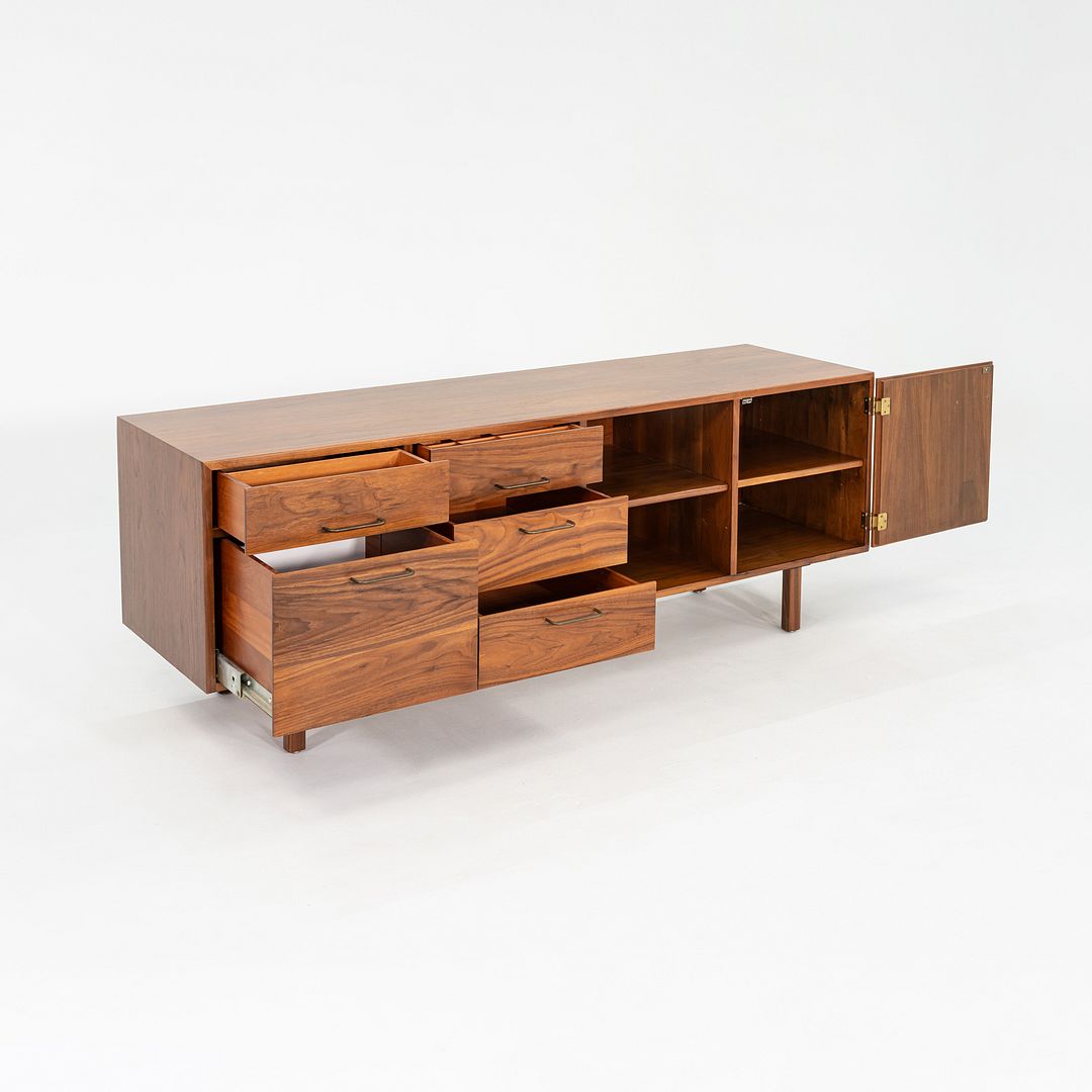 1970s Jens Risom Design Credenza / Cabinet in Walnut and Brass 72x20 inches
