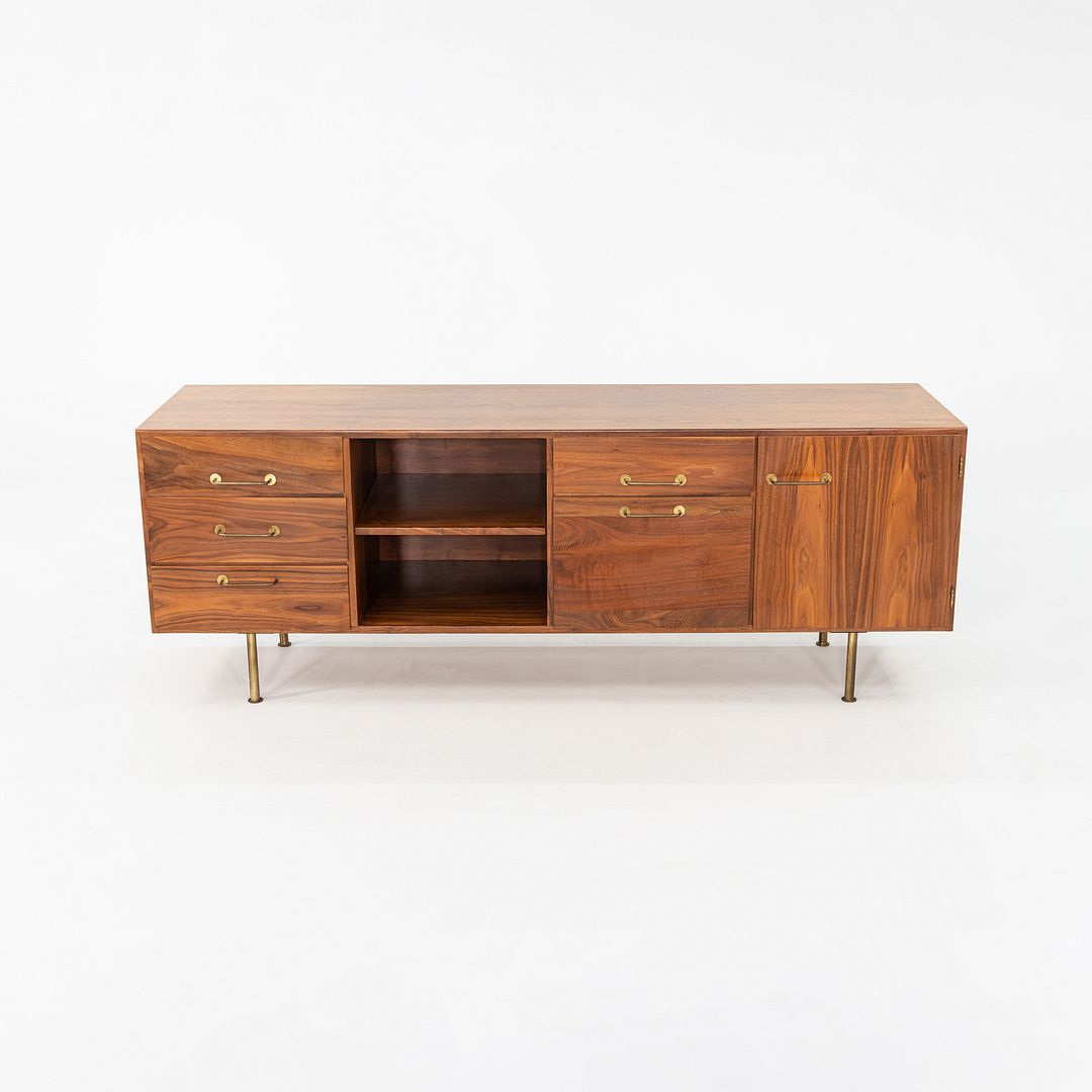 1970s Jens Risom Design 72 inch Credenza / Cabinet in Walnut and Brass