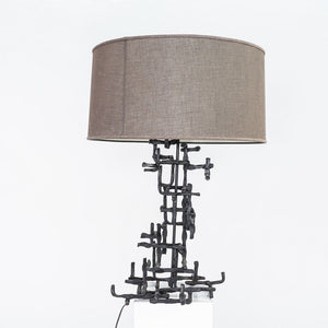 1960s Marcello Fantoni Patinated Steel Table Lamp with Grey Drum Shade
