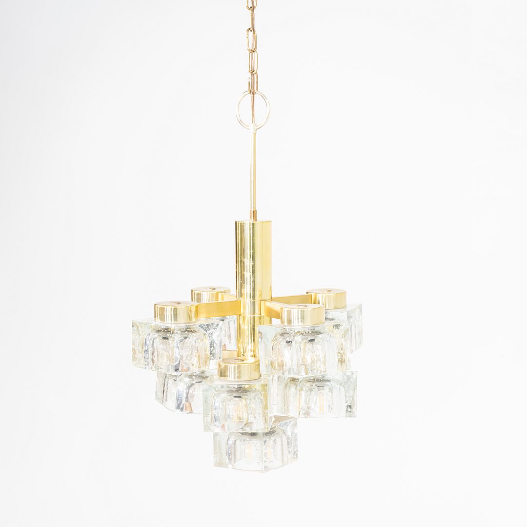 1970s Gaetano Sciolari for Lightolier Ice Cube Chandelier Glass & Brass 9 Bulbs