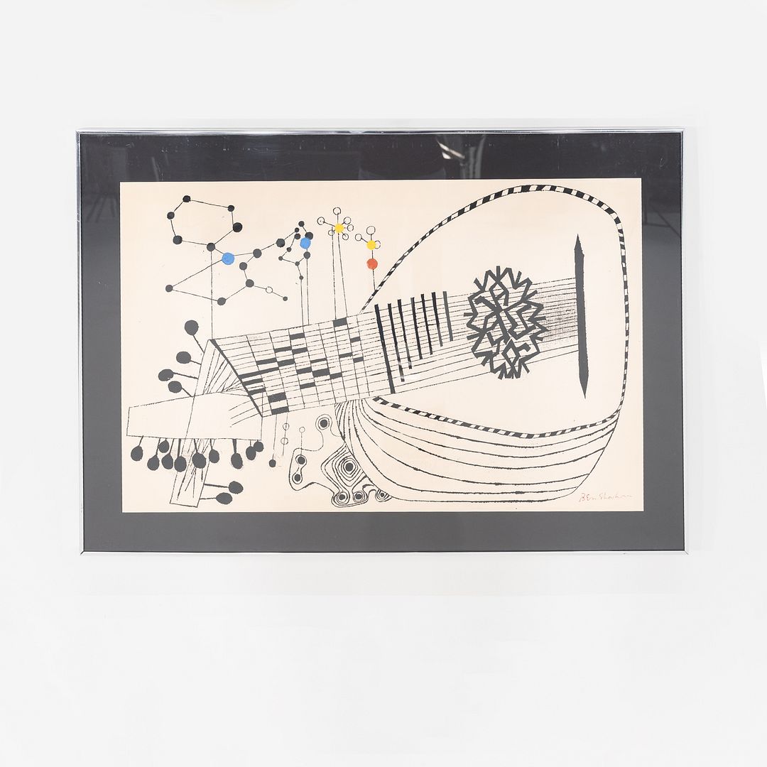1958 Ben Shahn "Lute and Molecule No. 2" Screenprint w/ Steel Frame 31 x 44 Inch