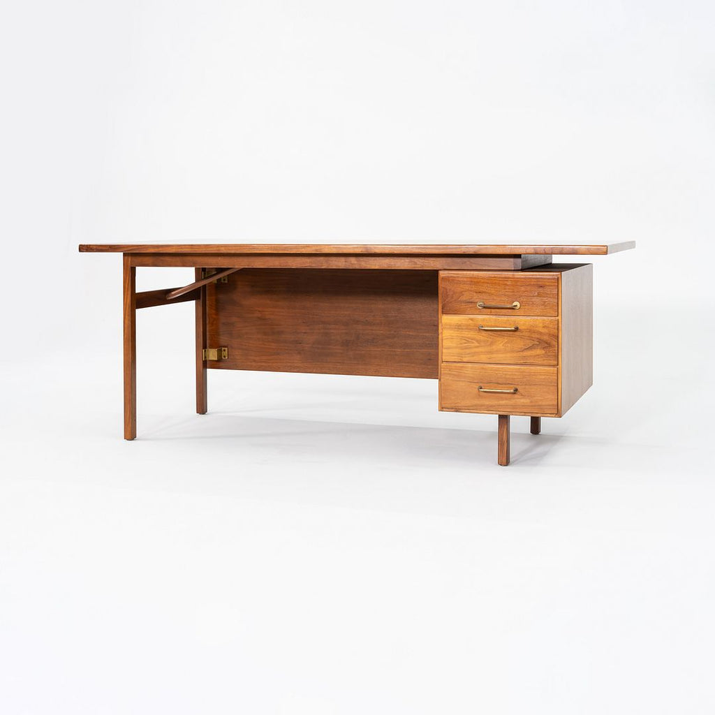1970s Jens Risom Design Executive Desk in Walnut and Brass with Three Drawers