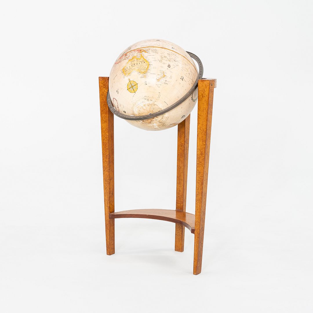 SOLD 1940s Replogle Globe Mounted on Classic Wooden Demilune Stand with Curved Base