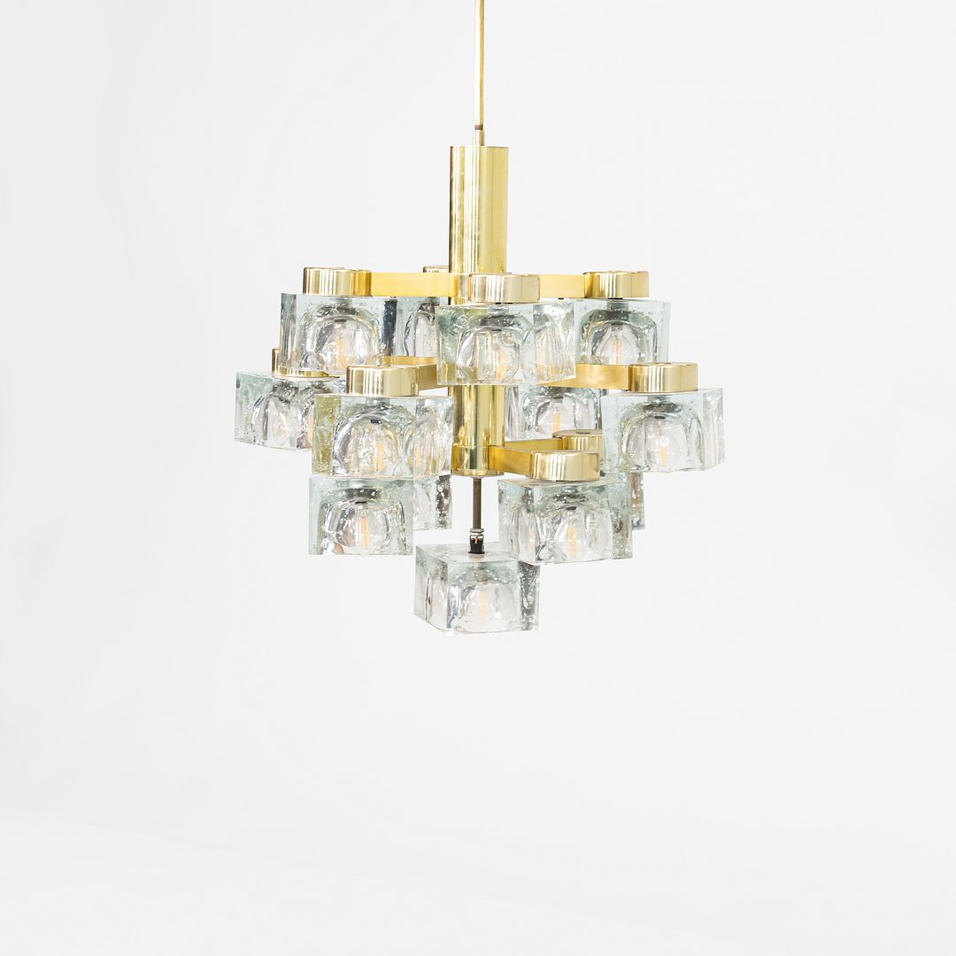 1970s Gaetano Sciolari for Lightolier Ice Cube Chandelier Glass & Brass 13 Bulbs