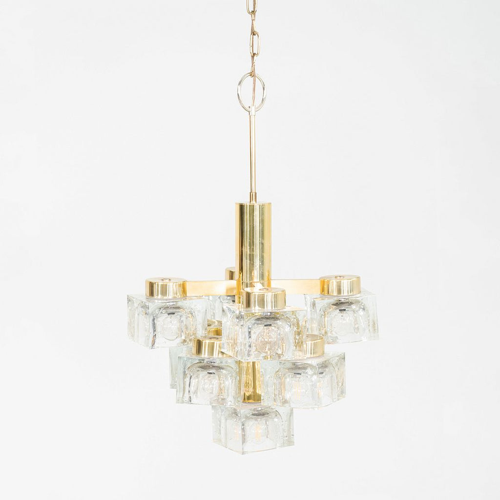 1970s Gaetano Sciolari for Lightolier Ice Cube Chandelier Glass & Brass 9 Bulbs