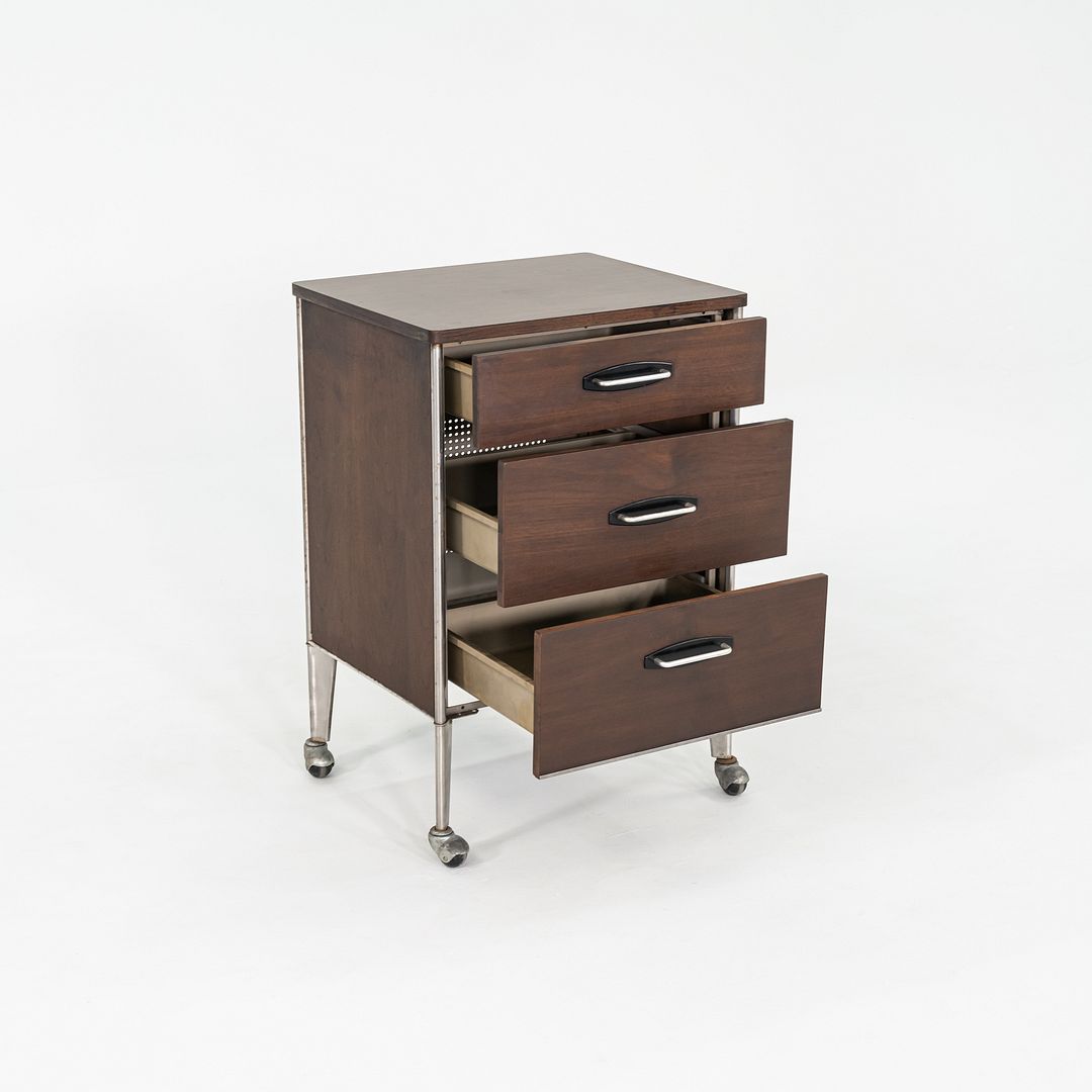 1950s Raymond Loewy for Hill Rom Rolling 3-Drawer Cabinet / Nightstand in Walnut
