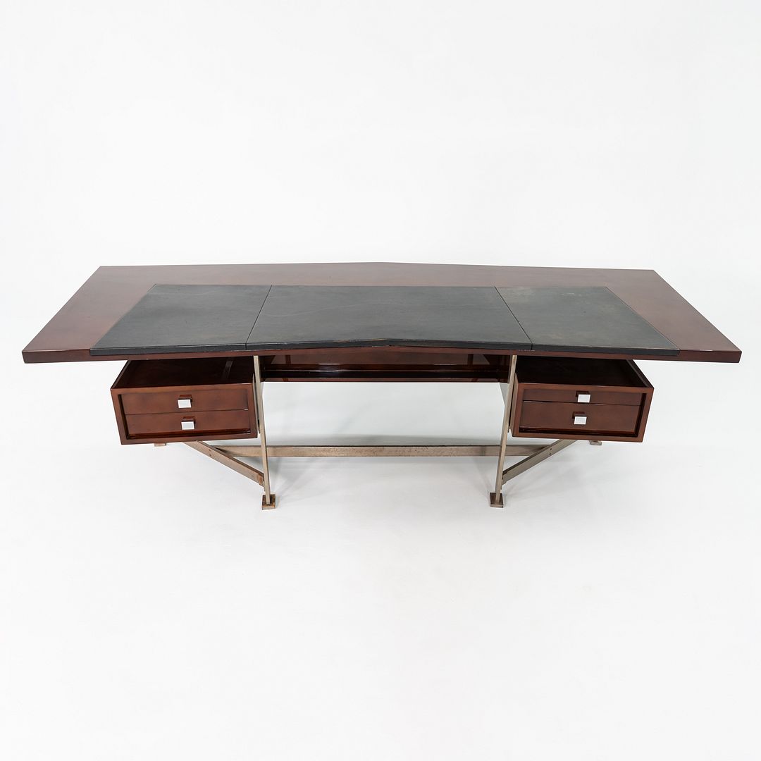 1960s Jules Leleu for Maison Leleu Executive Desk in Lacquered Wood & Stainless