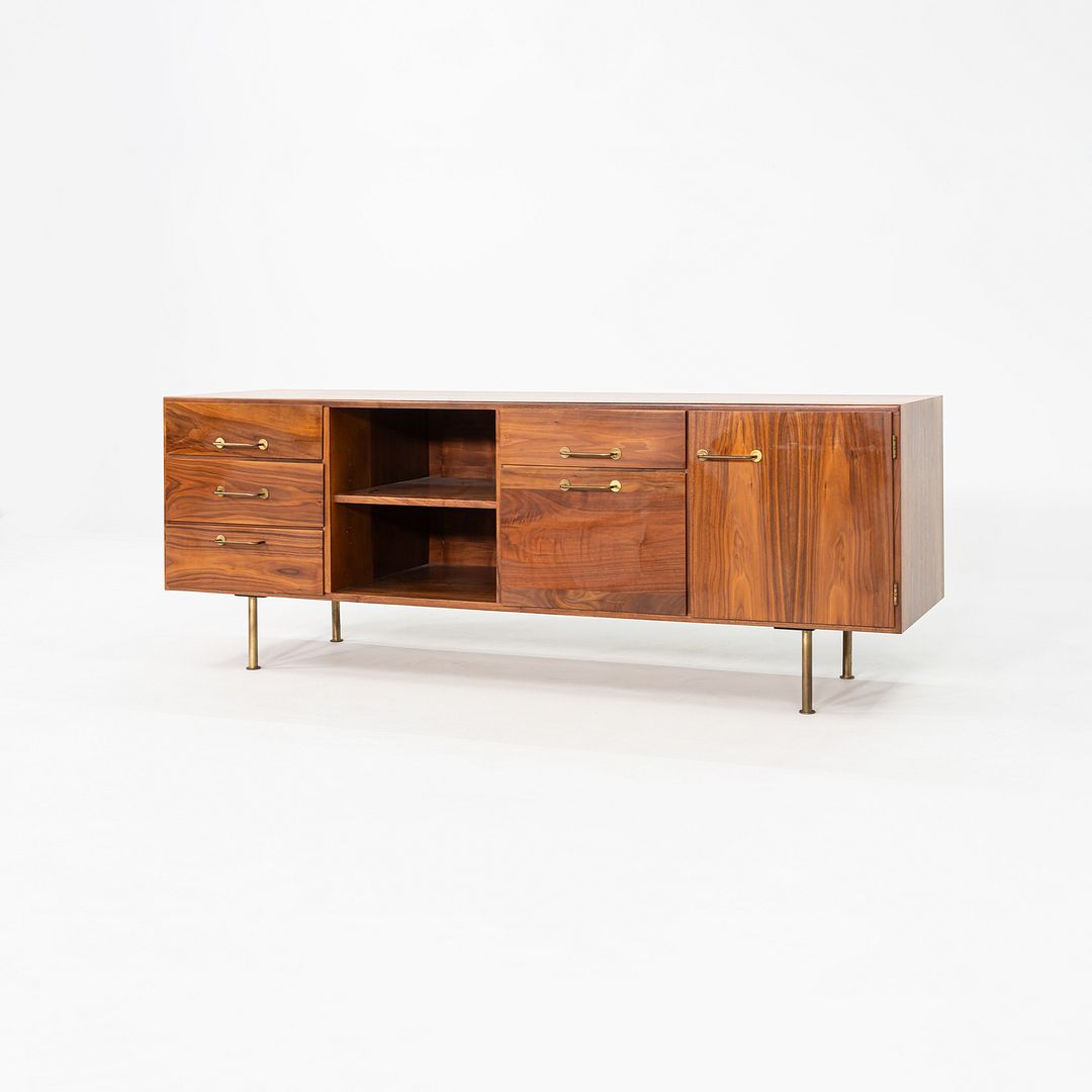1970s Jens Risom Design 72 inch Credenza / Cabinet in Walnut and Brass