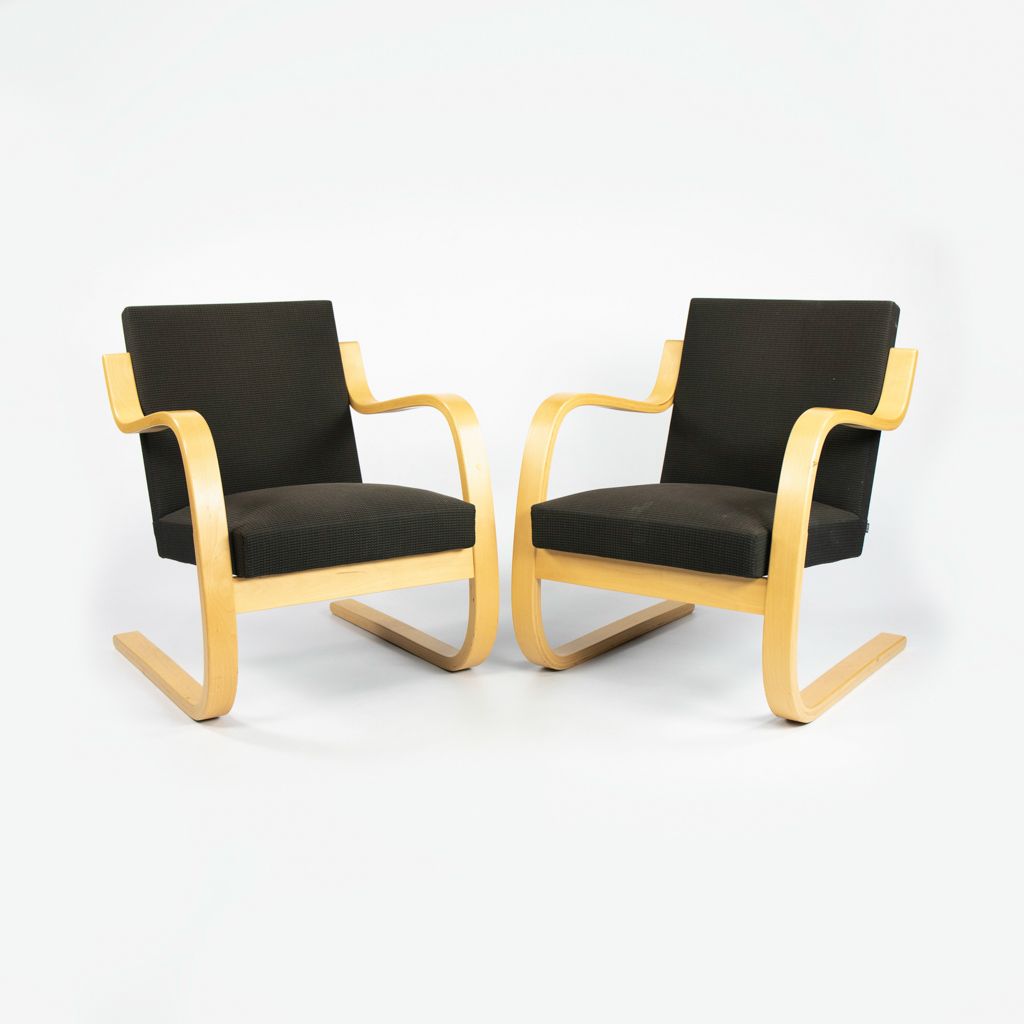 2000s Pair of Model 402 Chairs by Aino and Alvar Aalto for Artek in Birch and Dark Fabric