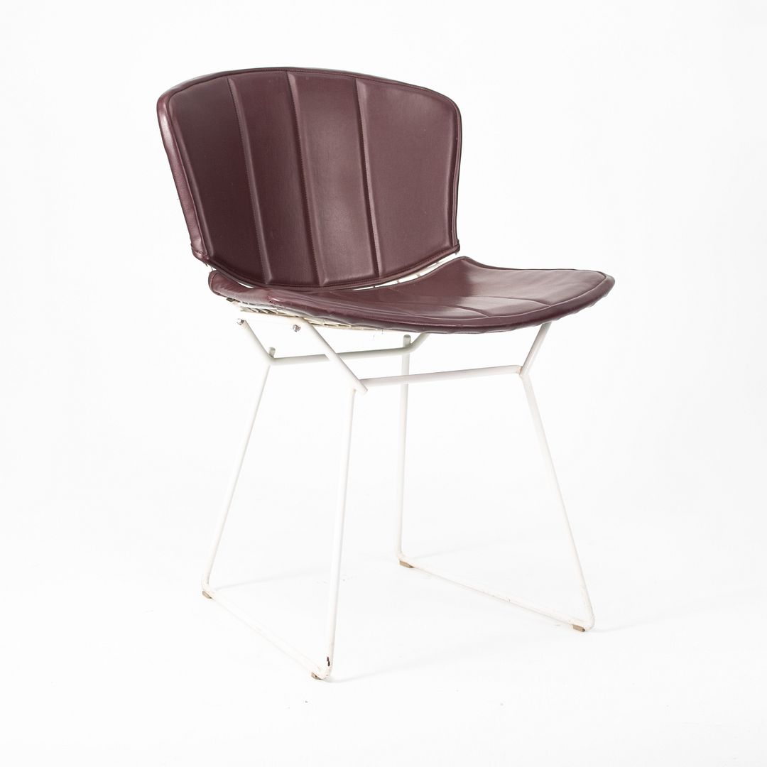 1986 Pair of 420C Bertoia Side Chairs by Harry Bertoia for Knoll in White with Original Burgundy Vinyl Upholstered Pads