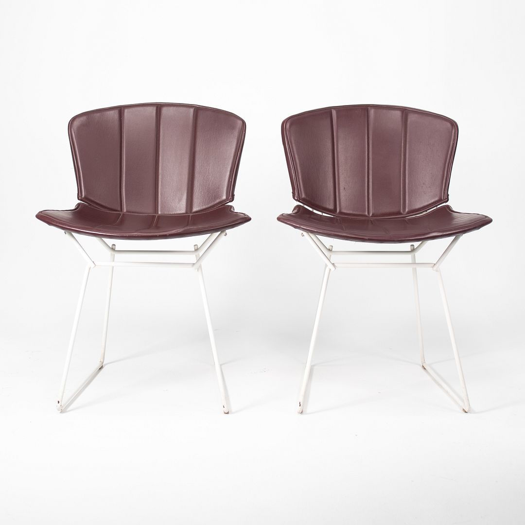 1986 Pair of 420C Bertoia Side Chairs by Harry Bertoia for Knoll in White with Original Burgundy Vinyl Upholstered Pads