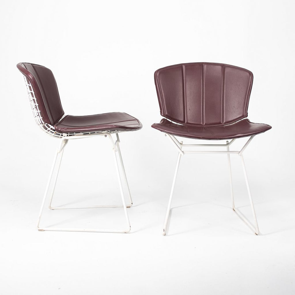 1986 Pair of 420C Bertoia Side Chairs by Harry Bertoia for Knoll in White with Original Burgundy Vinyl Upholstered Pads