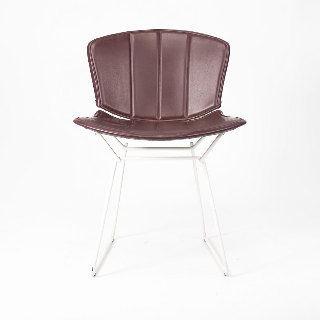 1986 Pair of 420C Bertoia Side Chairs by Harry Bertoia for Knoll in White with Original Burgundy Vinyl Upholstered Pads