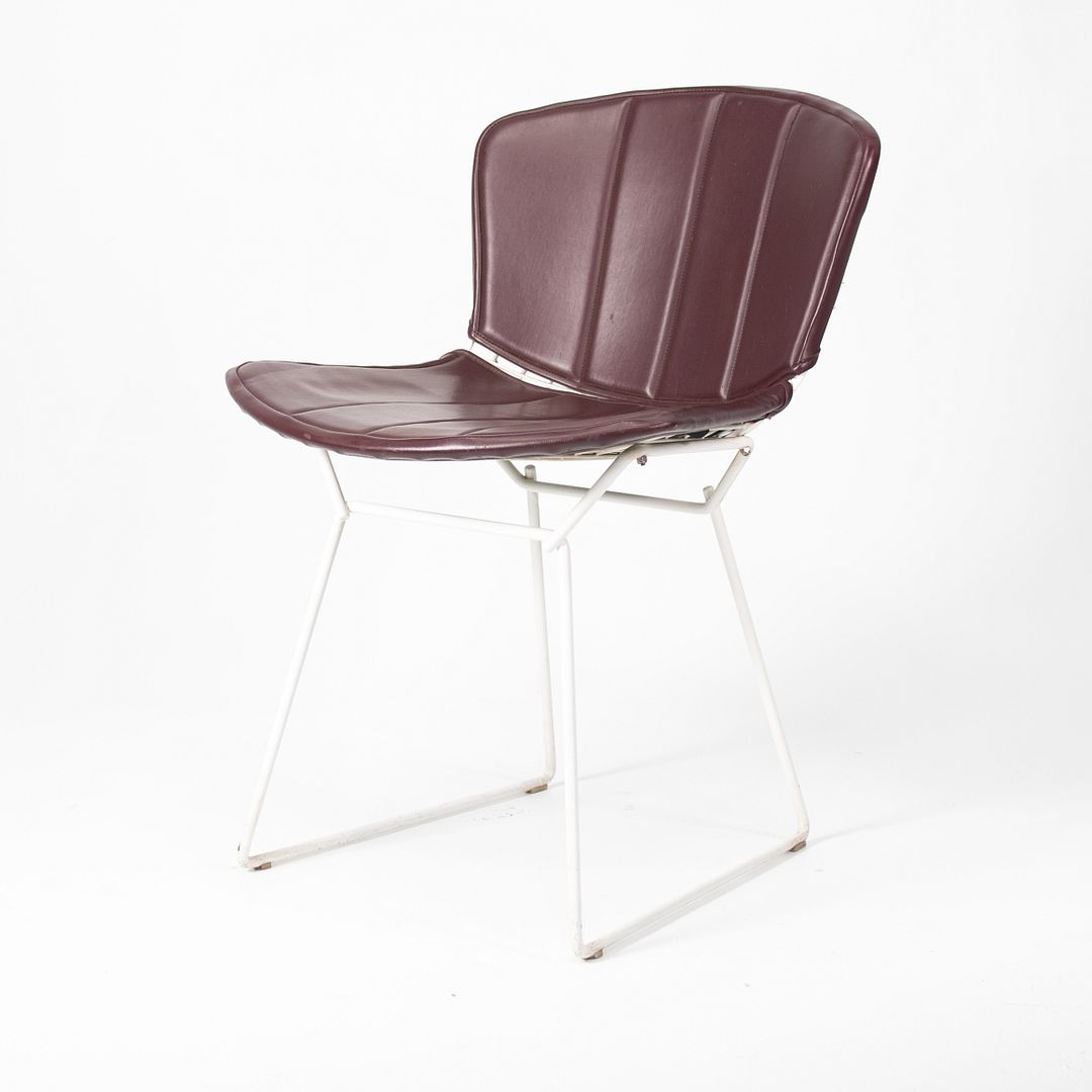 1986 Pair of 420C Bertoia Side Chairs by Harry Bertoia for Knoll in White with Original Burgundy Vinyl Upholstered Pads