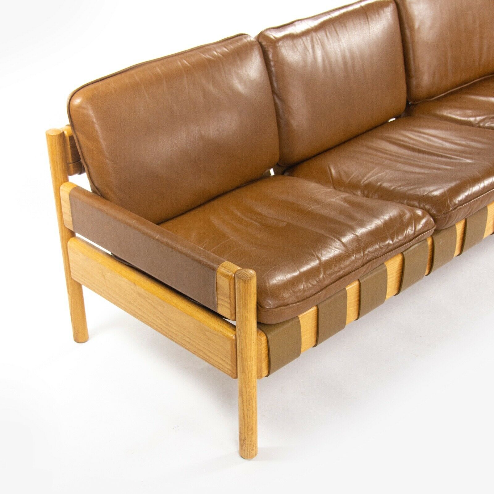1976 Nicos Zographos Saronis Leather & Oak Sofa from Hugh Stubbins Library