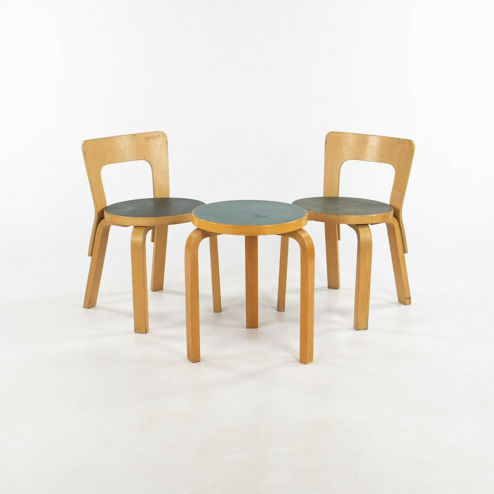 1950s Pair of Alvar & Aino Aalto N65 Childrens / Childs Chairs With Blue Seats