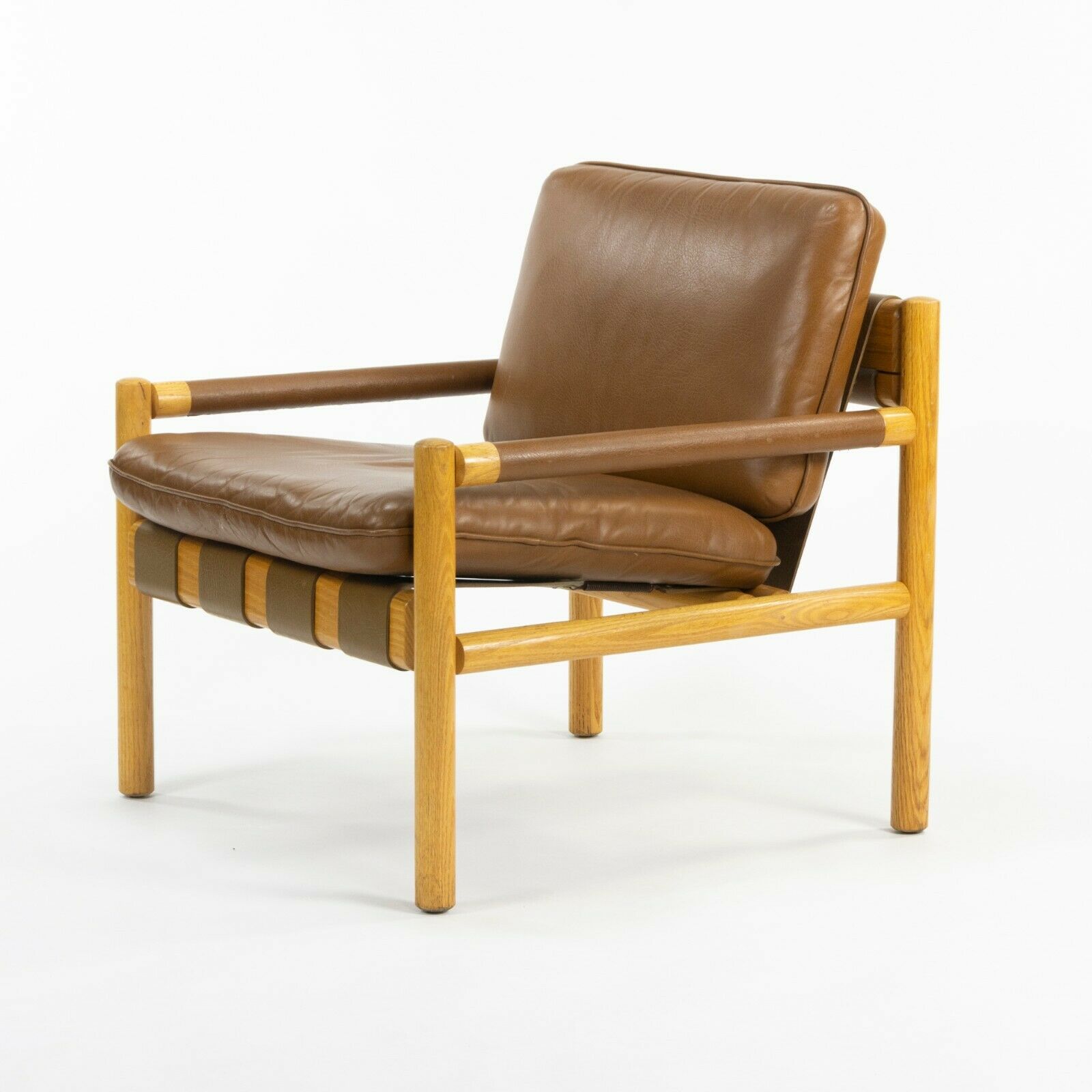 Pair 1976 Nicos Zographos Saronis Leather & Oak Lounge Chairs from Hugh Stubbins Library