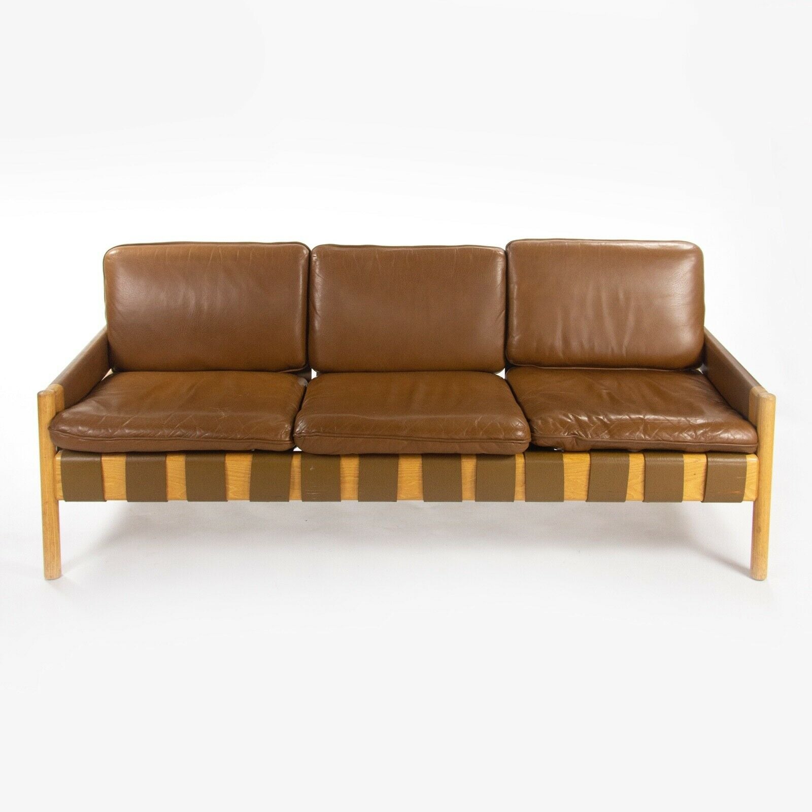 1976 Nicos Zographos Saronis Leather & Oak Sofa from Hugh Stubbins Library