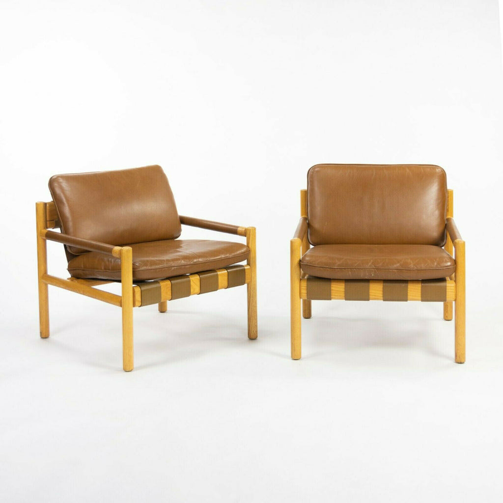 Pair 1976 Nicos Zographos Saronis Leather & Oak Lounge Chairs from Hugh Stubbins Library
