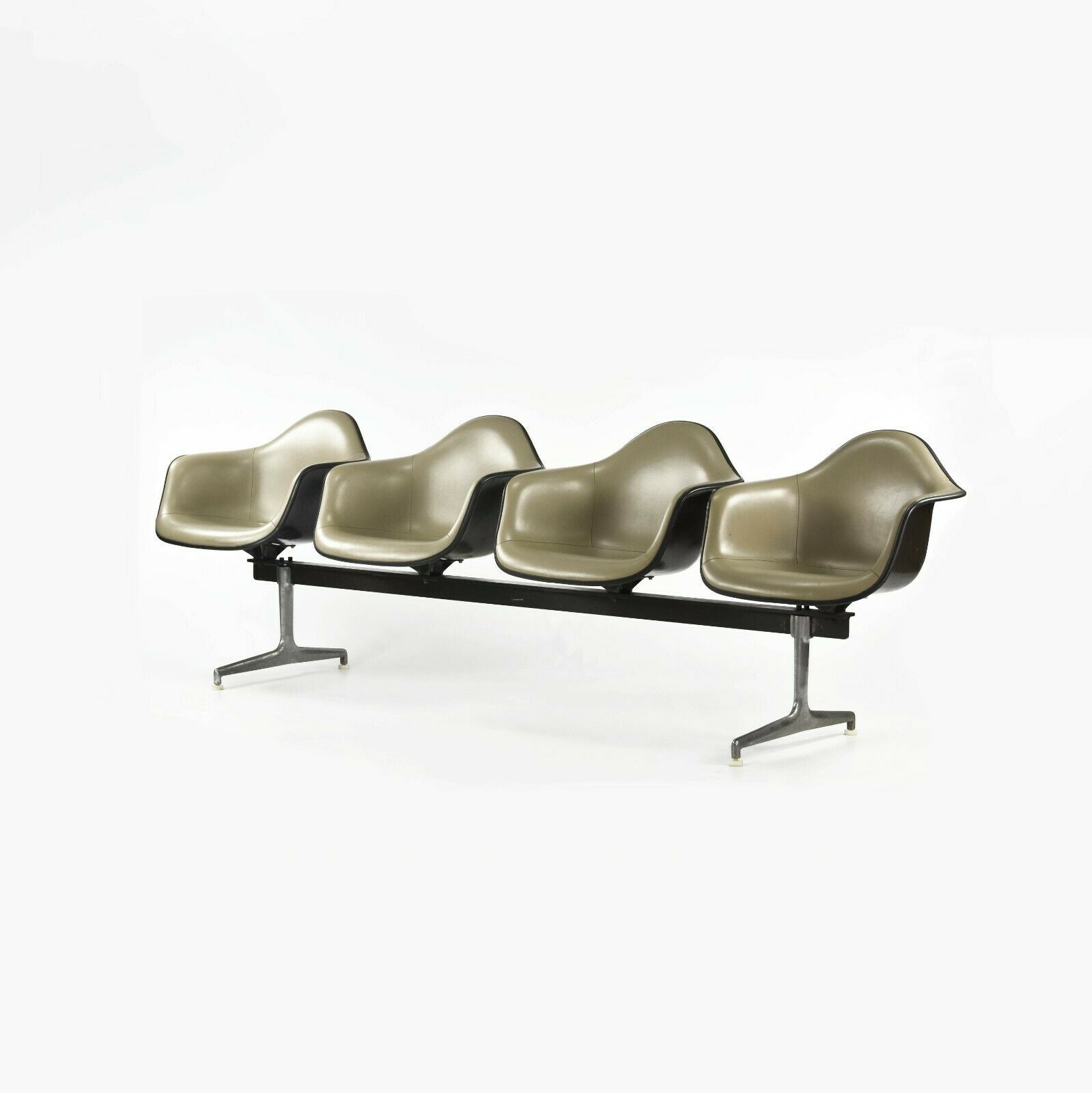 1984 Herman Miller Eames 3734 Tandem Four Seater Arm Shell Bench in Gray Naugahyde