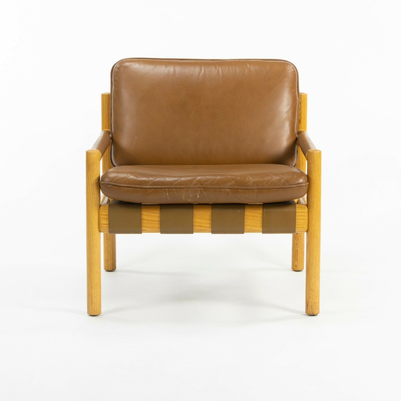 Pair 1976 Nicos Zographos Saronis Leather & Oak Lounge Chairs from Hugh Stubbins Library