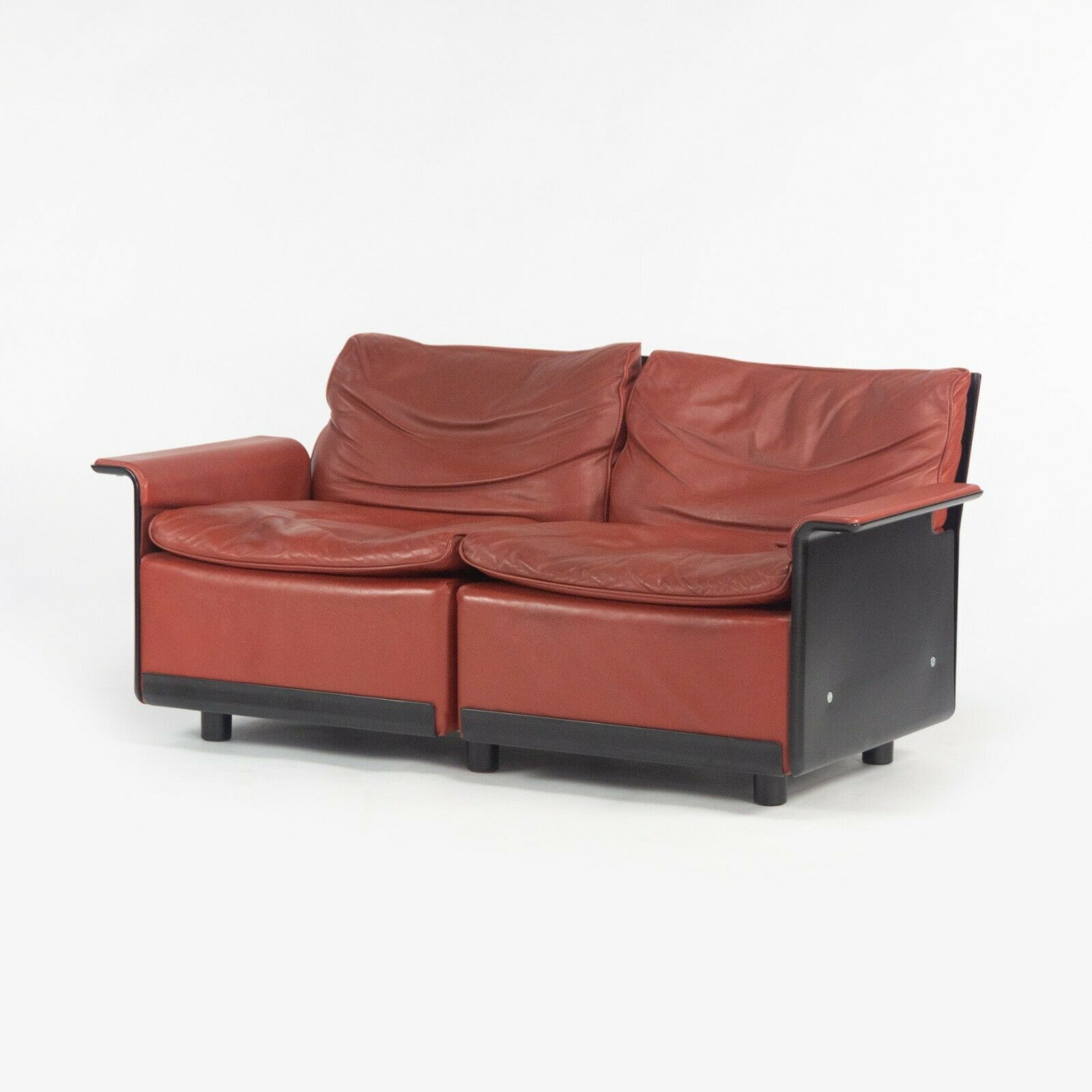 1980s Vintage Dieter Rams for Vitsoe 620 Red Leather and Black Two Seat Settee Sofa
