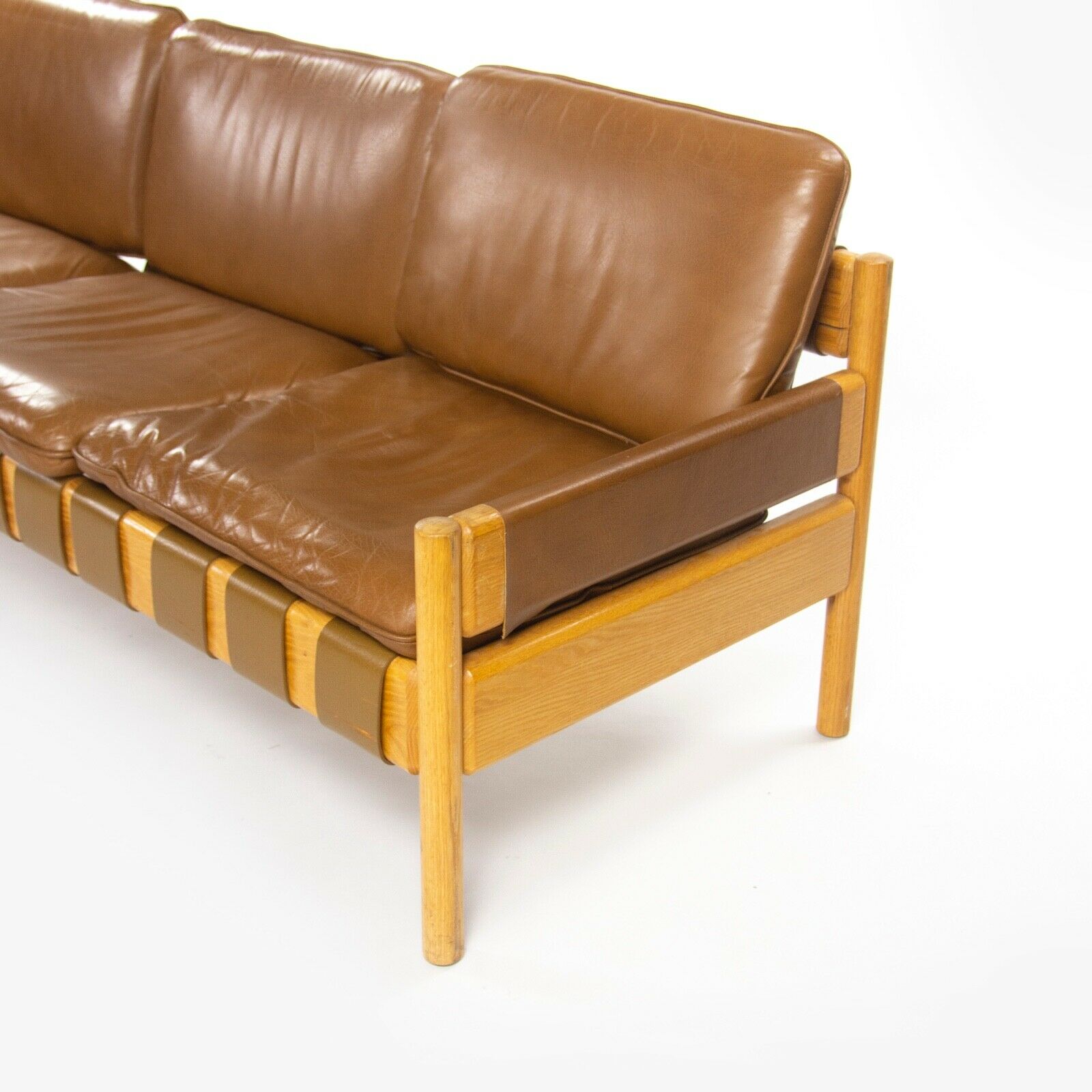 1976 Nicos Zographos Saronis Leather & Oak Sofa from Hugh Stubbins Library