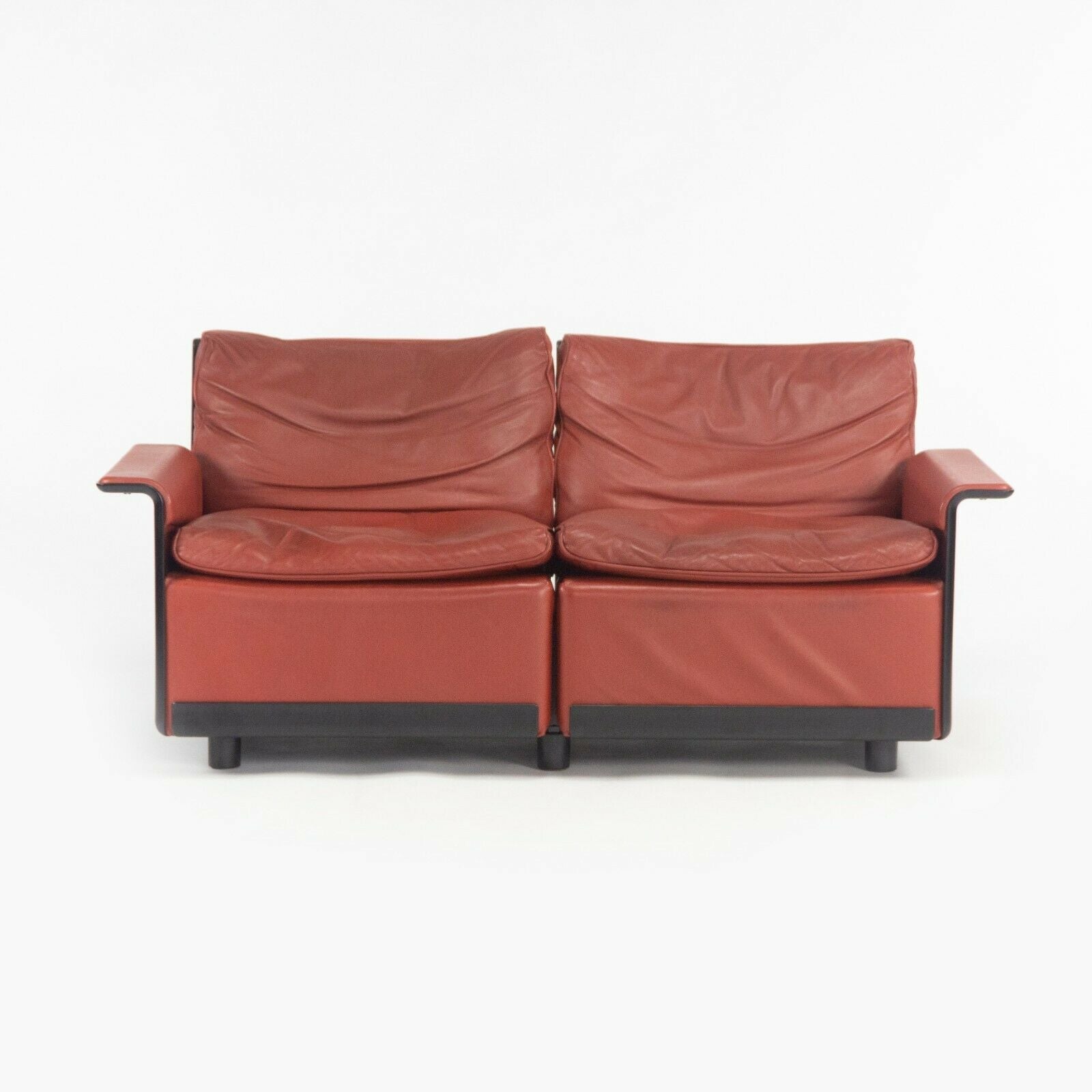1980s Vintage Dieter Rams for Vitsoe 620 Red Leather and Black Two Seat Settee Sofa