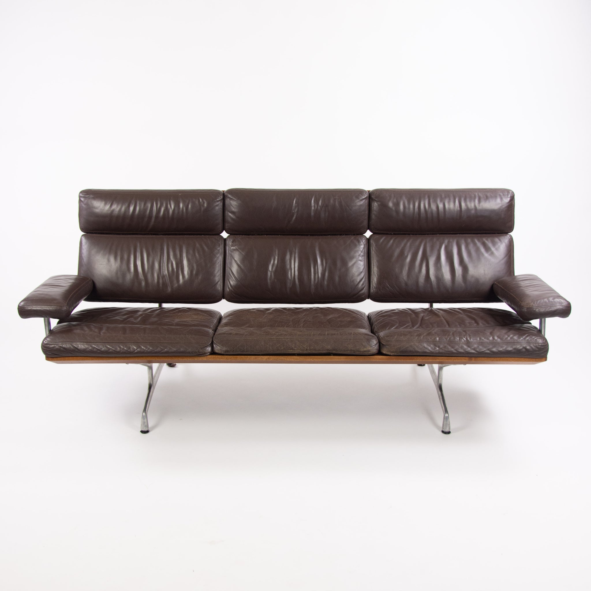 SOLD 1980s Vintage Eames Herman Miller Three Seater Sofa Walnut and Brown Leather #2