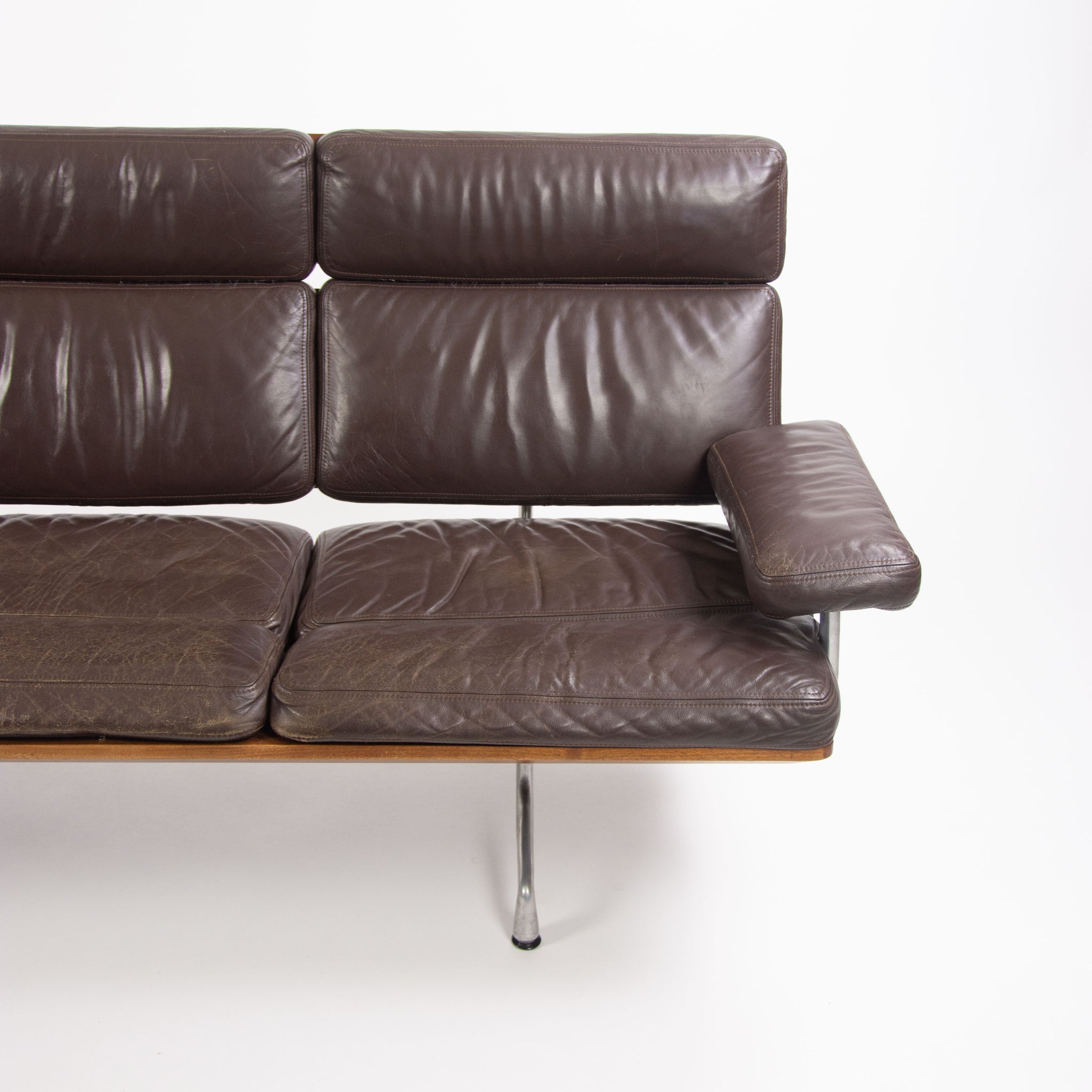 SOLD 1980s Vintage Eames Herman Miller Three Seater Sofa Walnut and Brown Leather #2
