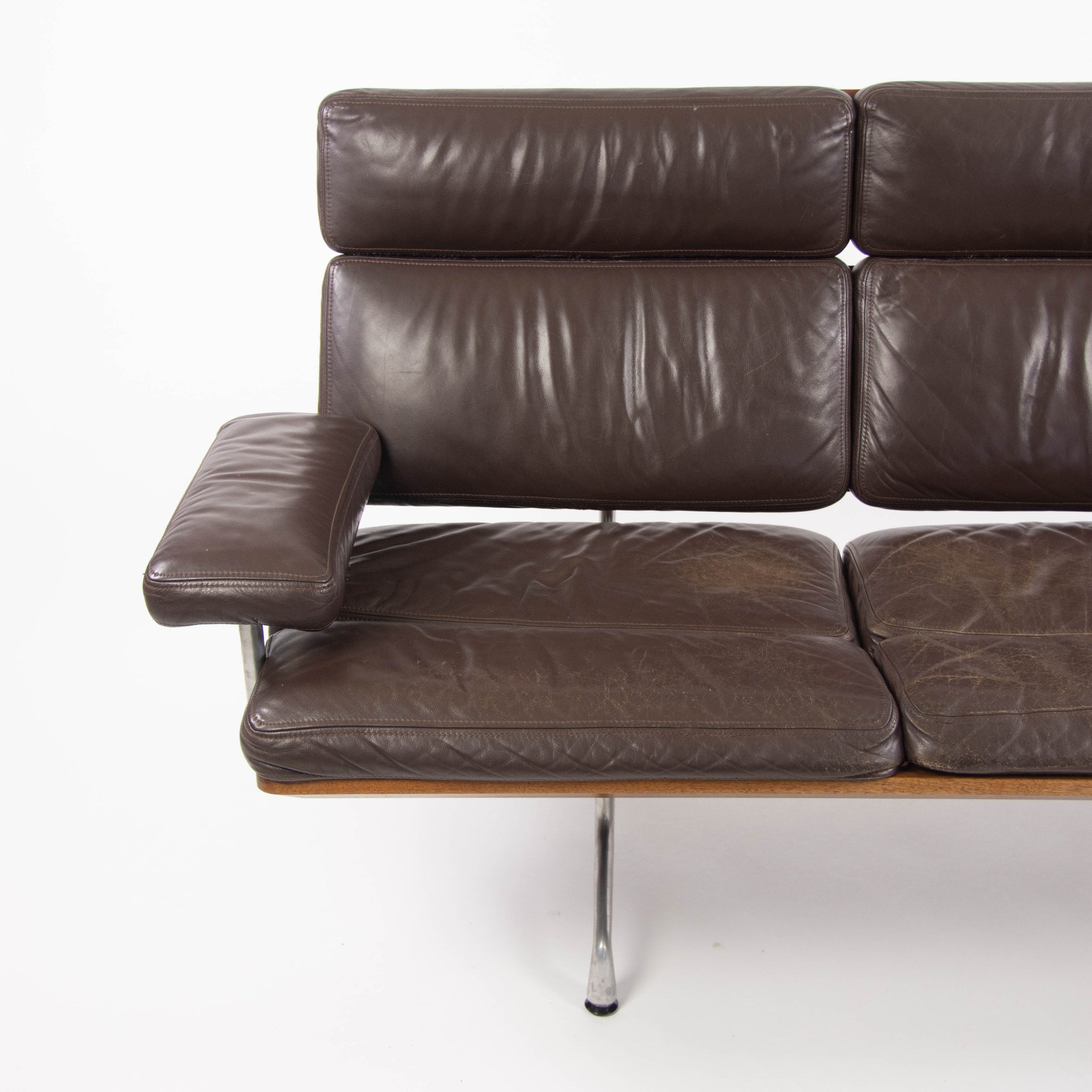 SOLD 1980s Vintage Eames Herman Miller Three Seater Sofa Walnut and Brown Leather #2