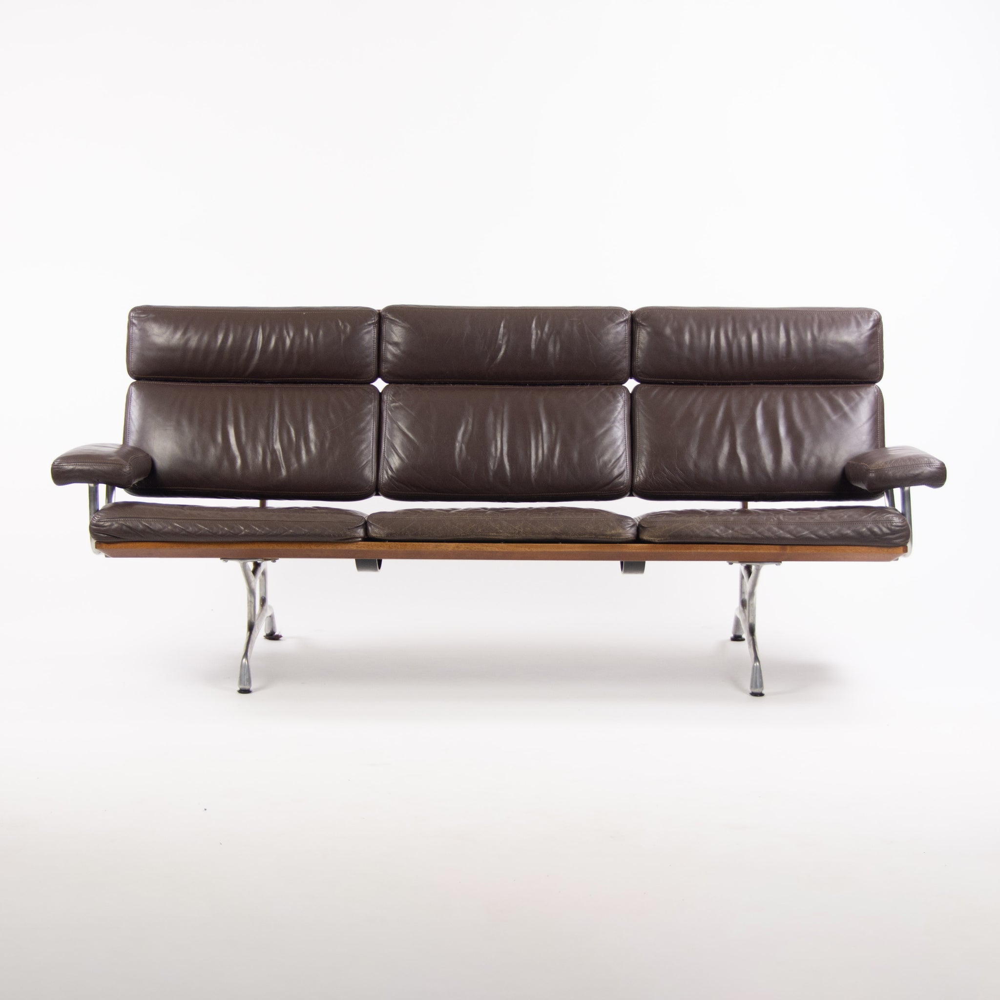 SOLD 1980s Vintage Eames Herman Miller Three Seater Sofa Walnut and Brown Leather #2